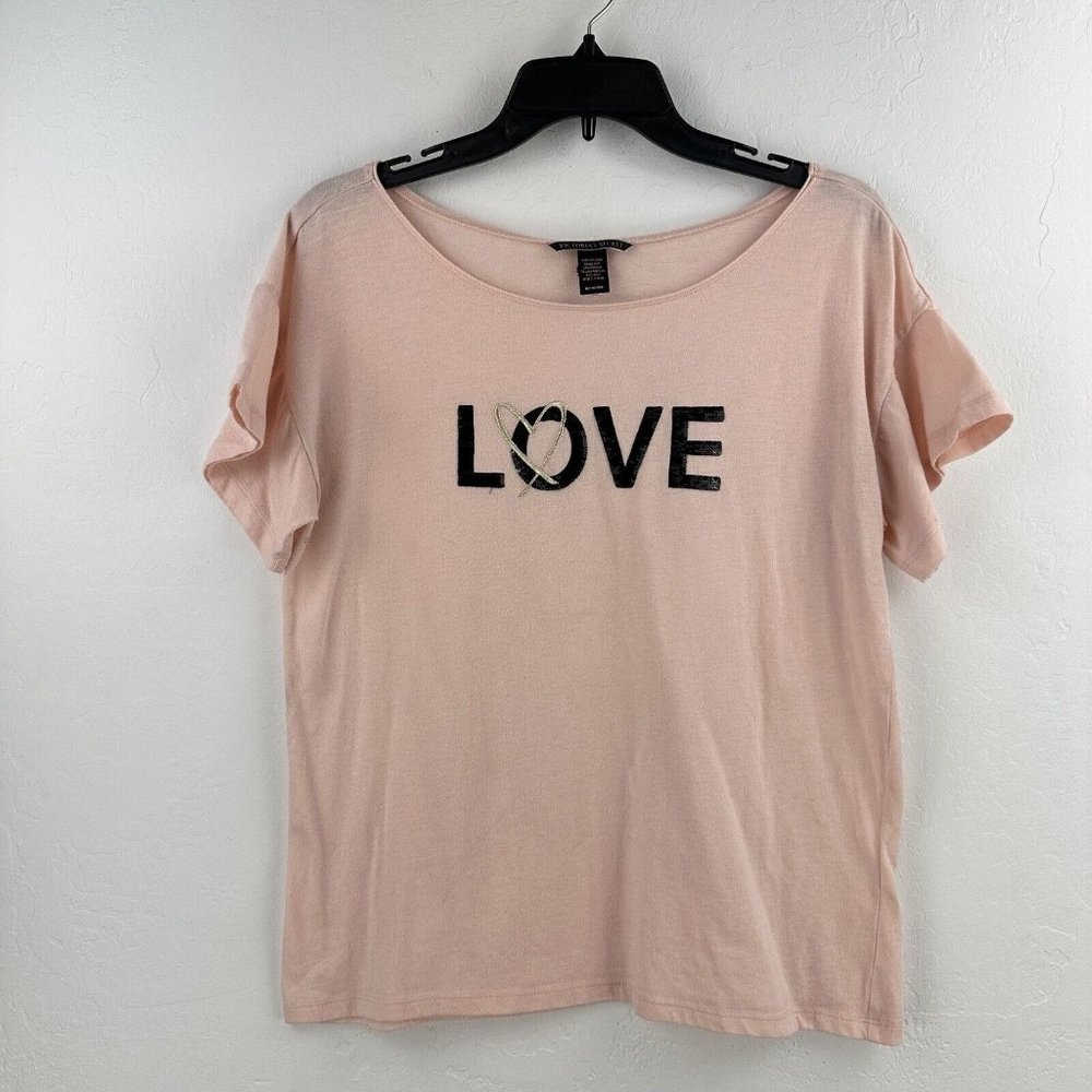 Victoria’s Secret LOVE Top Womens Blouse Size M Pink Black Sequins Embroidered‎